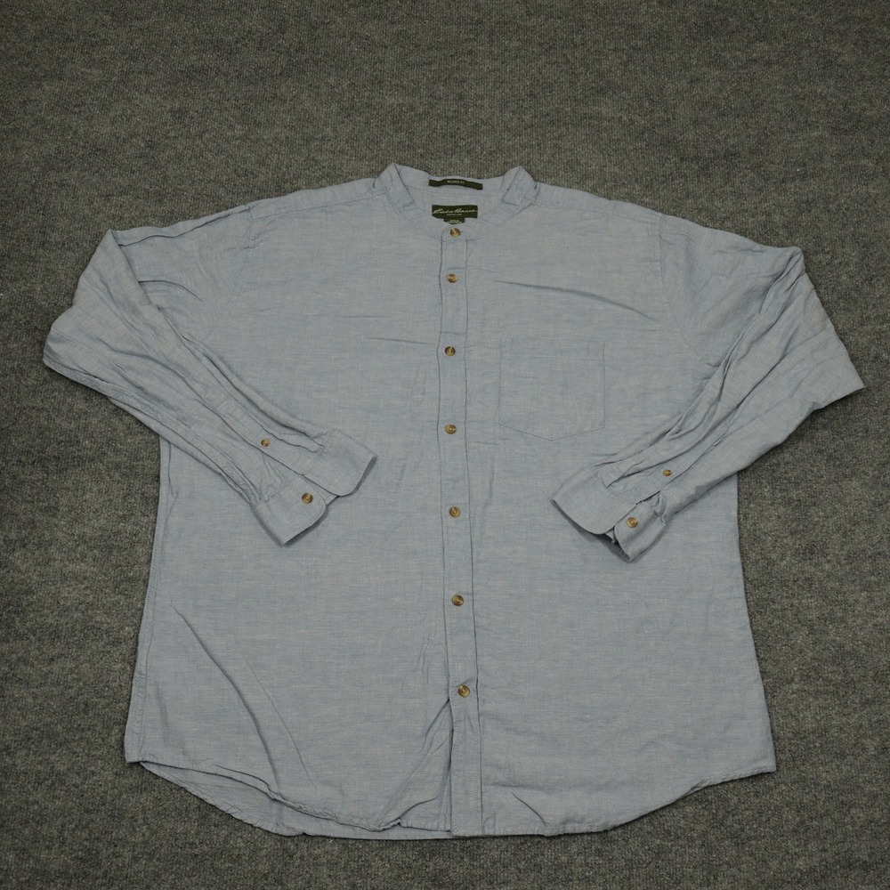 Eddie Bauer Shirt Men XL Blue Linen Cotton Band Collar Relaxed Fit Casual